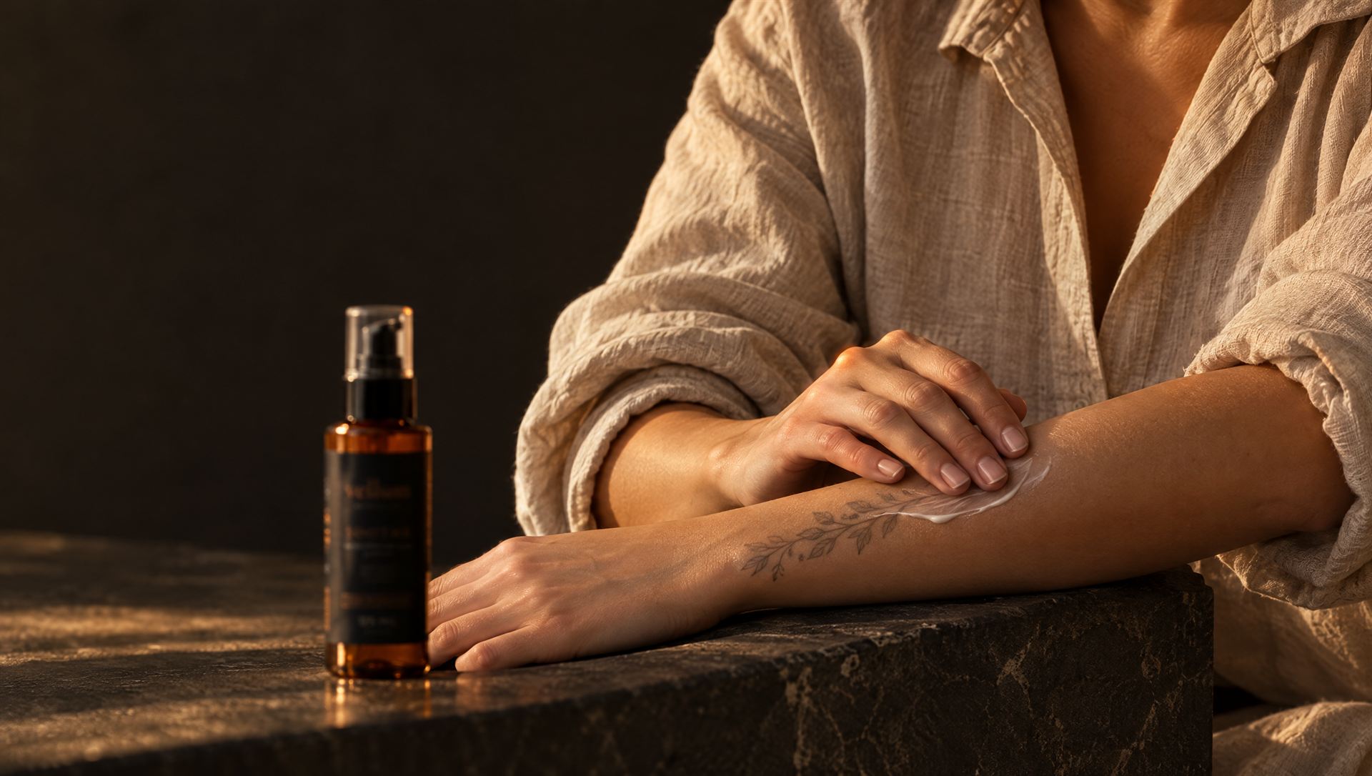 A woman smoothing a thin layer of Soothe over a settled fine-line tattoo