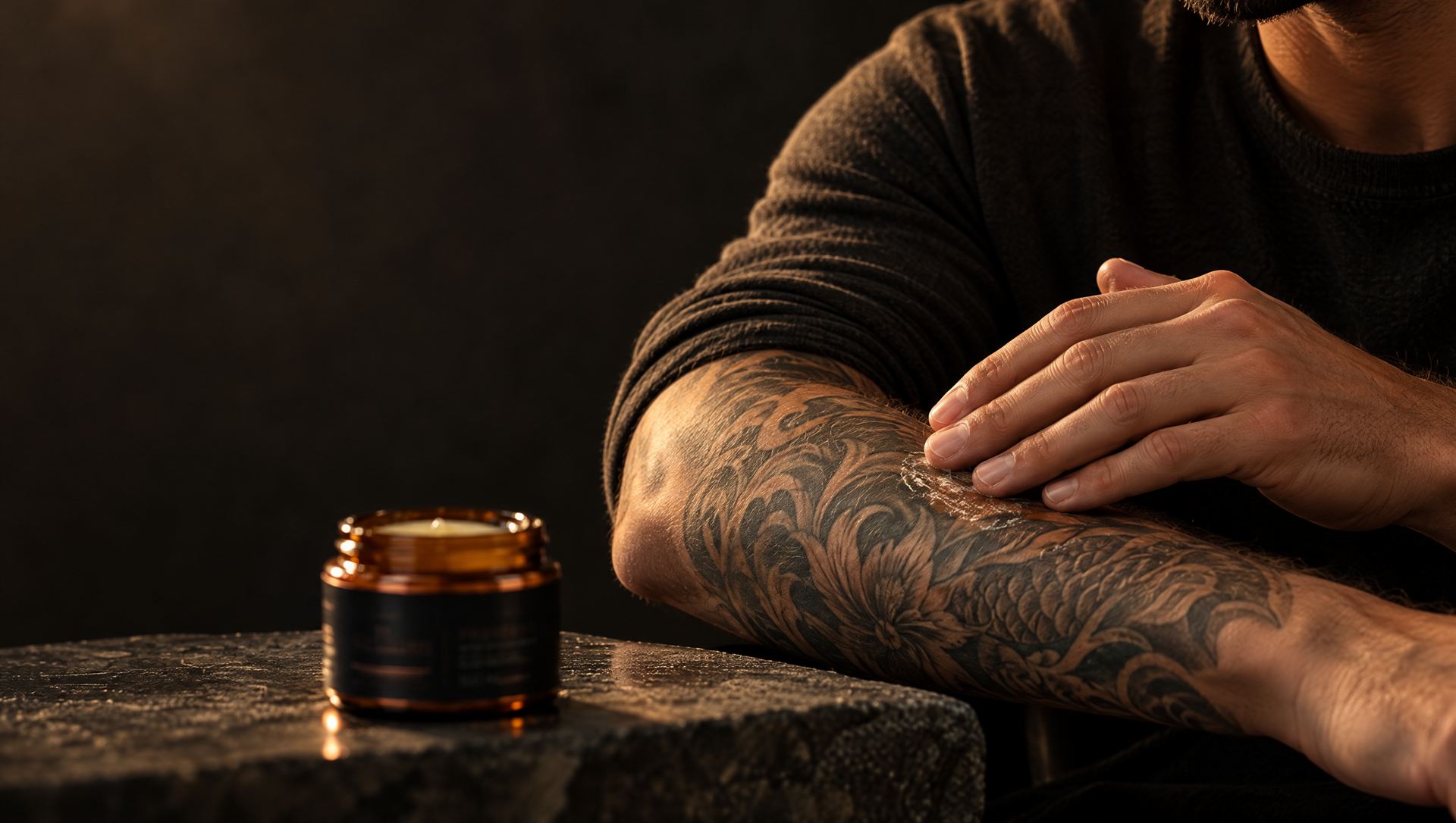 A man massaging Preserve into a settled tattoo sleeve