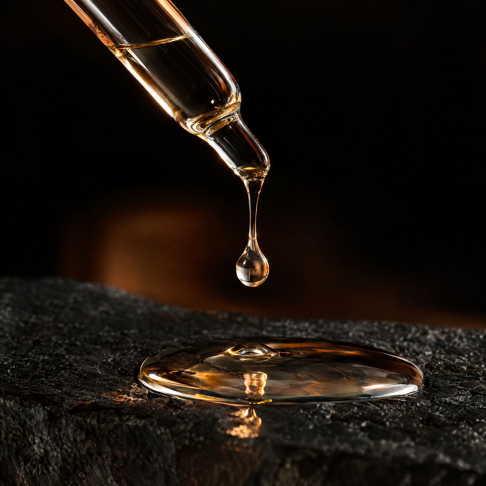 A drop of clear oil falling from a dropper in slow motion